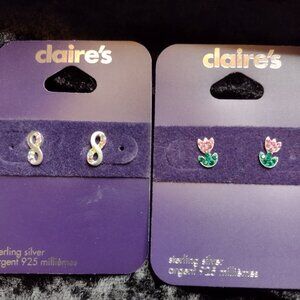 New Claires 2 Pair Infinity Tulips Flower 925 Sterling Silver Stud Cute Earrings